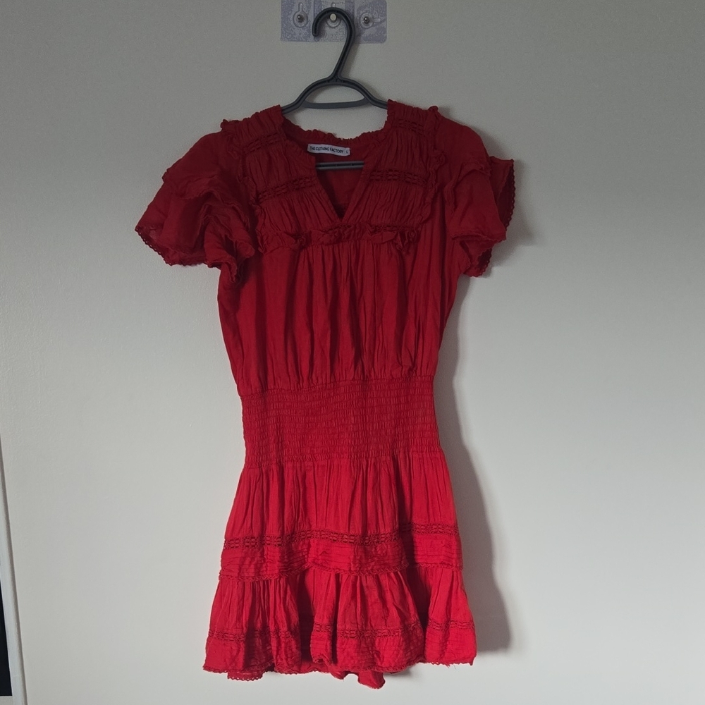 Red Smocked-Waist Mini Dress